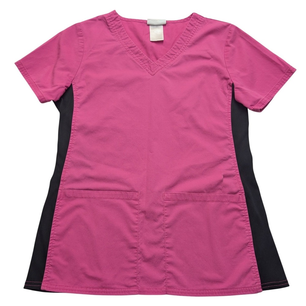 Y2K ScrubStar V-Neck Scrub Womens XS Pink Black Ribbed Side Panels Front Pockets
